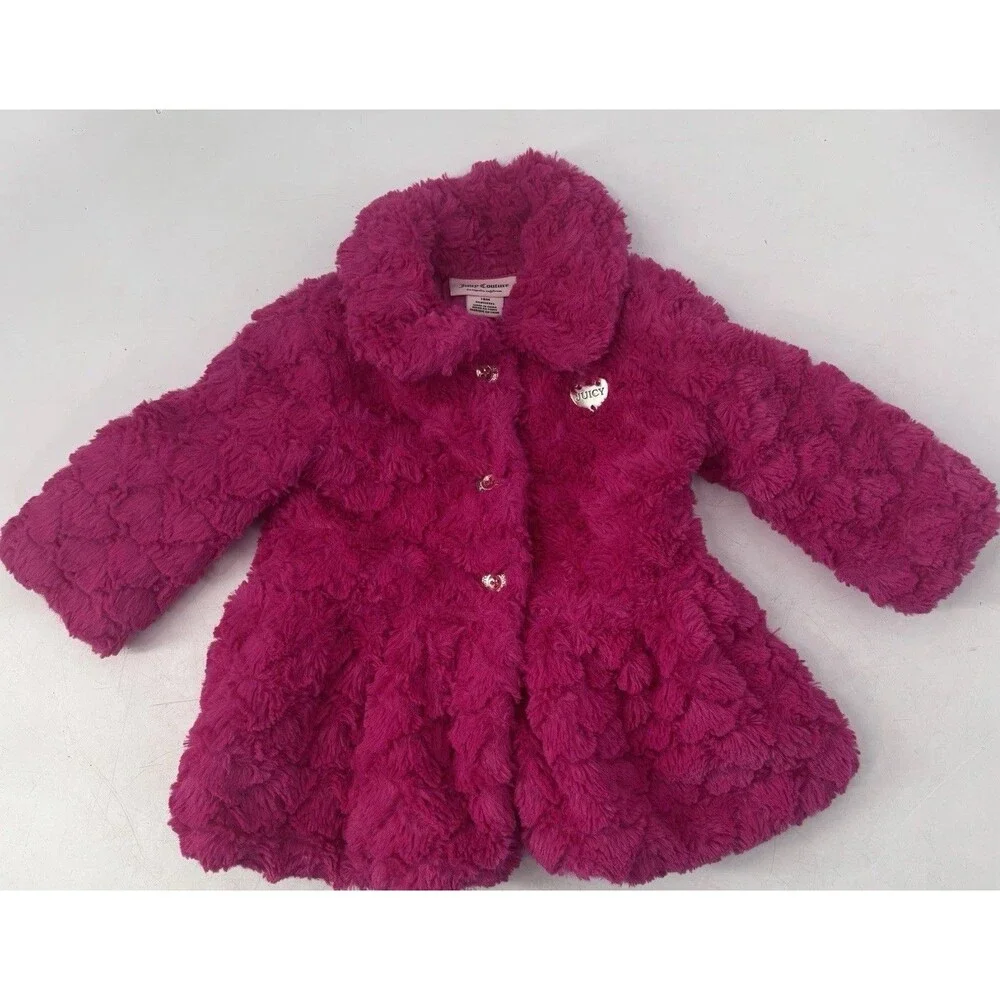 Juicy Couture Girls 18 Month fuchsia Faux Fur Long Sleeve Jacket Gold Buttons